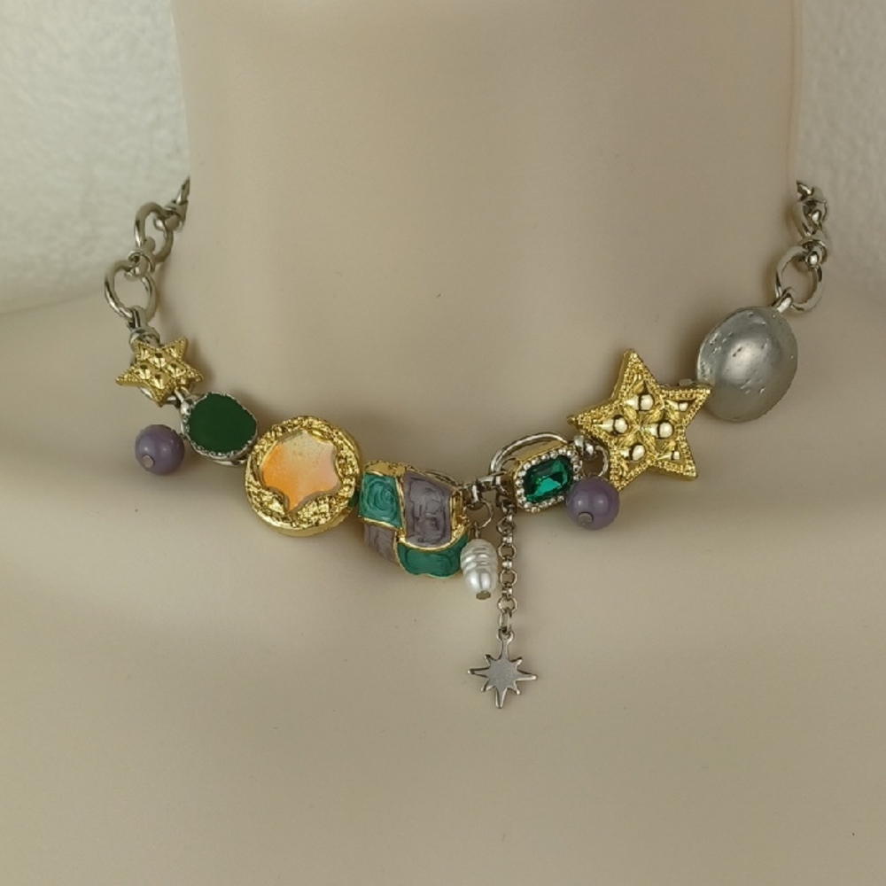 Gold Stars & Emerald Rhinestone Sparkly Druzy & Pearl Eclectic Charm Choker